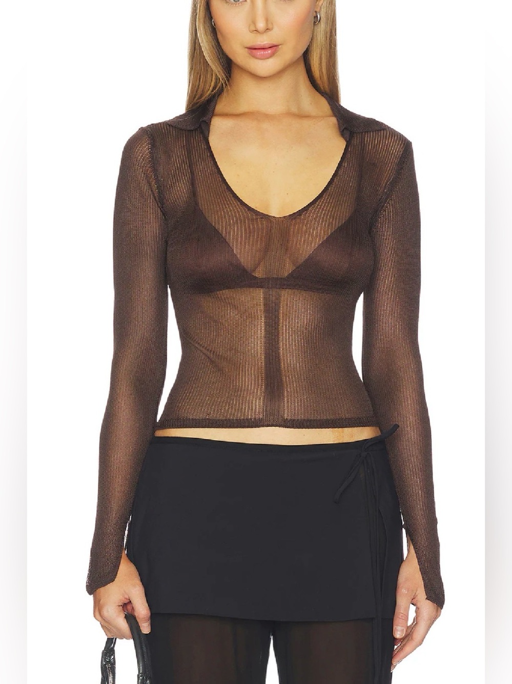 NWT Lovers + Friends Kenzaia Rib Sheer Brown Long-Sleeve Knit Polo Top